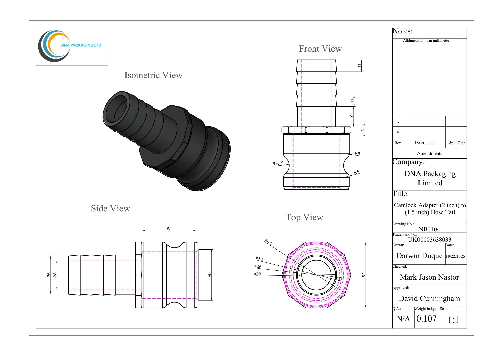 Camlock Adapter (2 inch) to (1.5 inch) Hose Tail