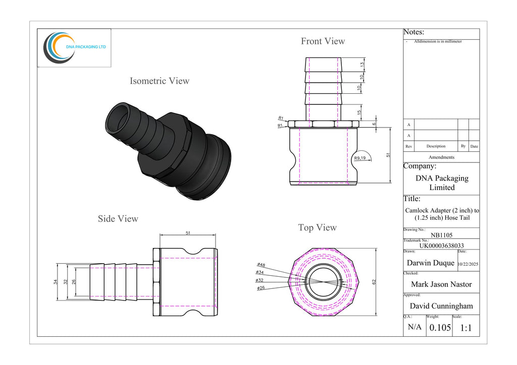 Camlock Adapter (2 inch) to (1.25 inch) Hose Tail