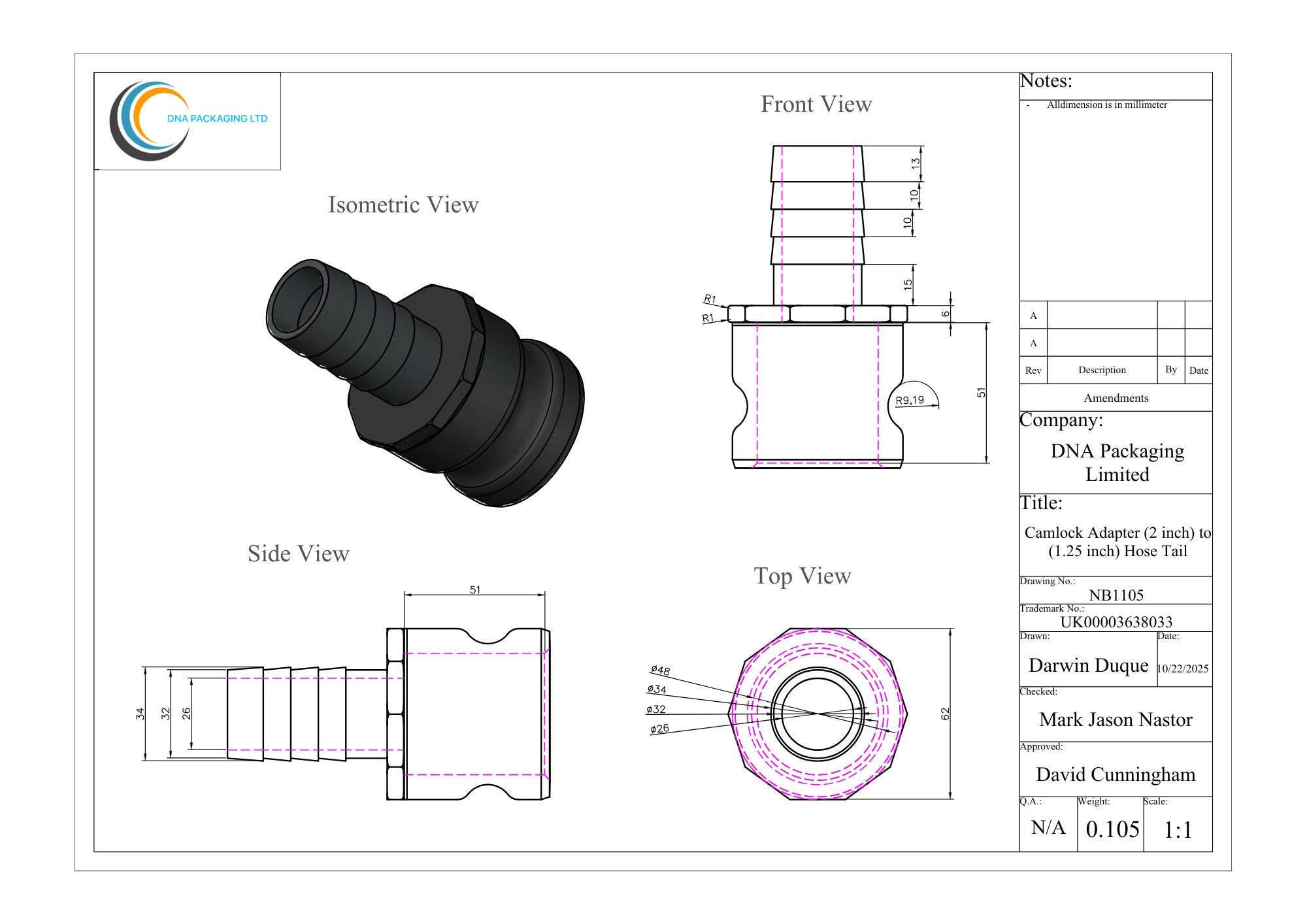 Camlock Adapter (2 inch) to (1.25 inch) Hose Tail