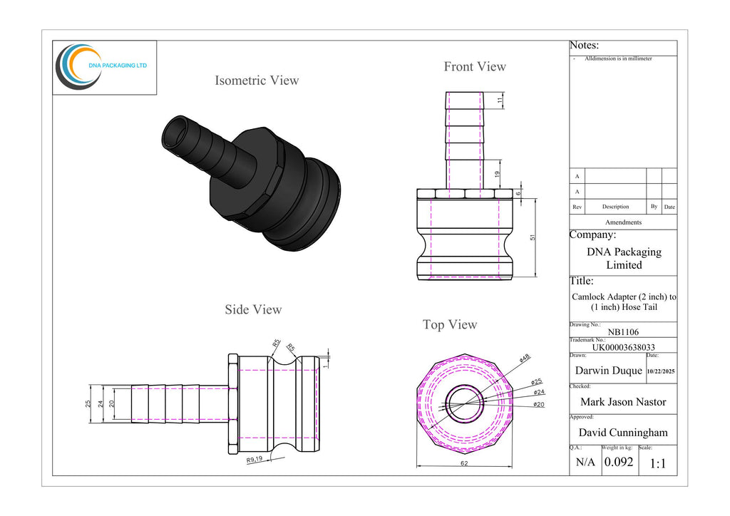 Camlock Adapter (2 inch) to (1 inch) Hose Tail