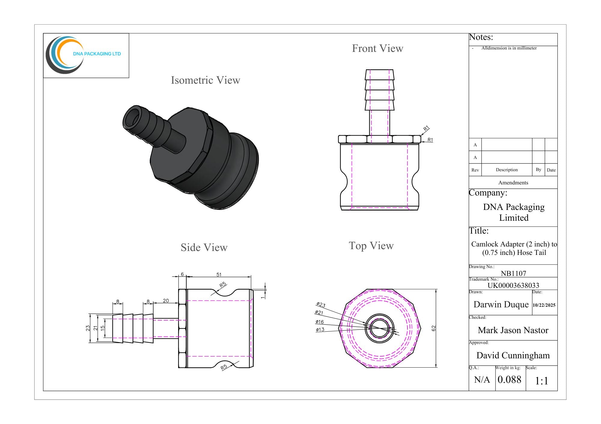 Camlock Adapter (2 inch) to (0.75 inch) Hose Tail