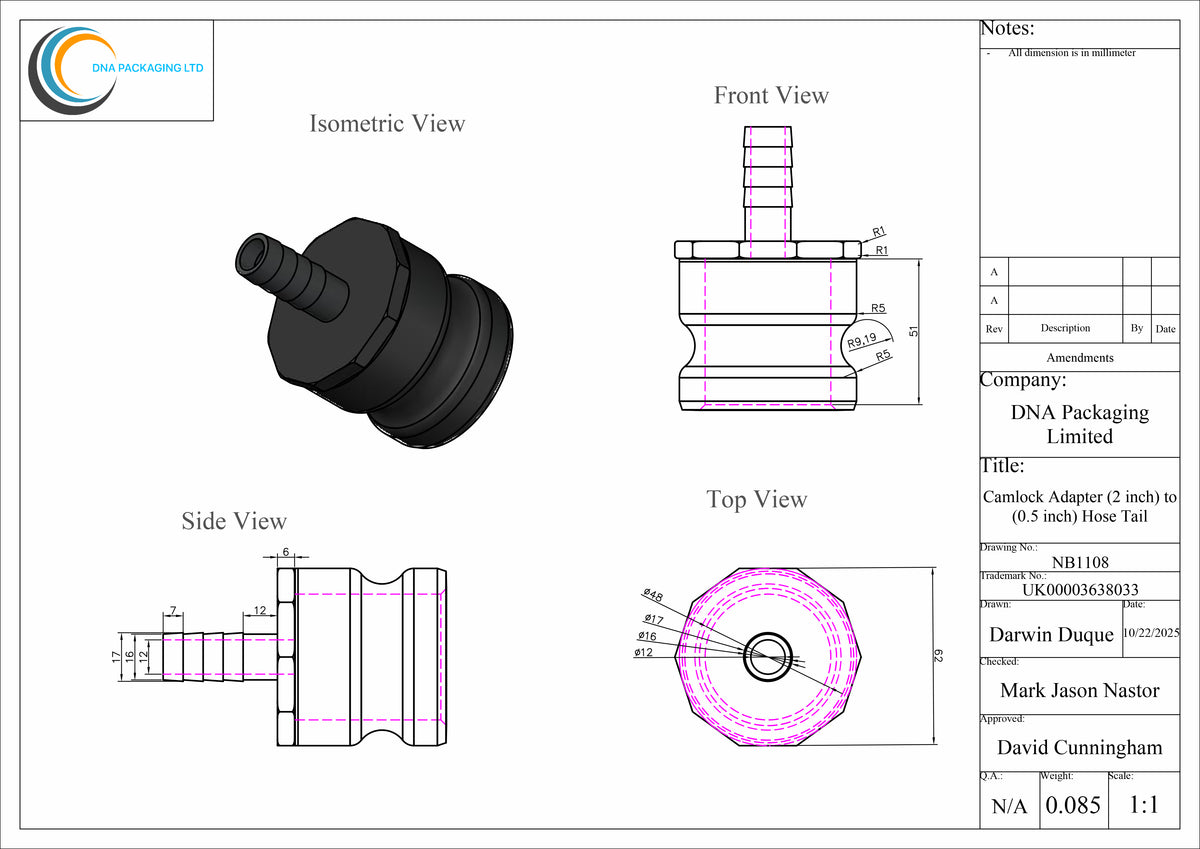 Camlock Adapter (2 inch) to (0.5 inch) Hose Tail