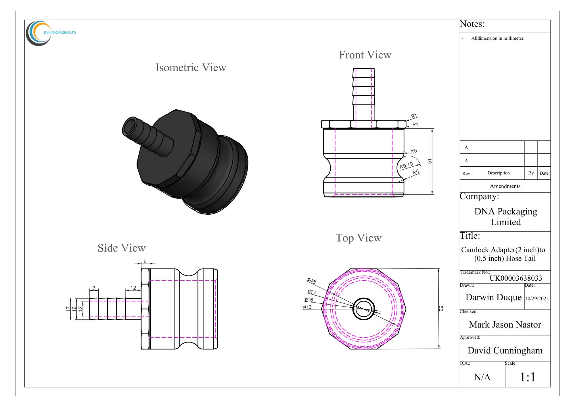 Camlock Adapter (2 inch) to (0.5 inch) Hose Tail