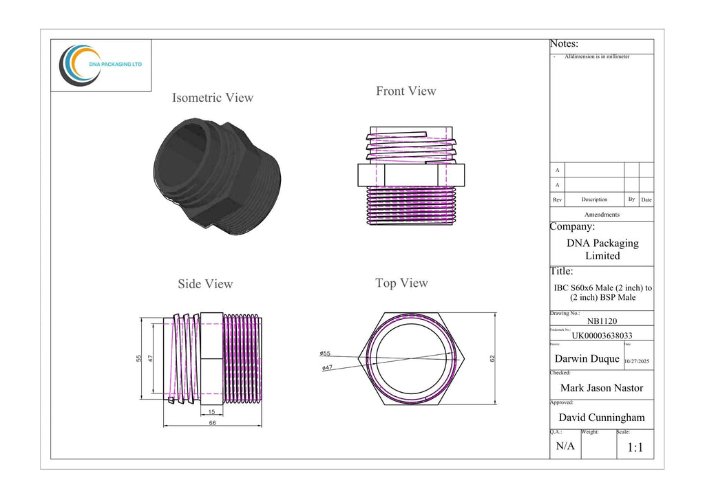 IBC S60x6 Male (2 inch) to (2 inch) BSP Male