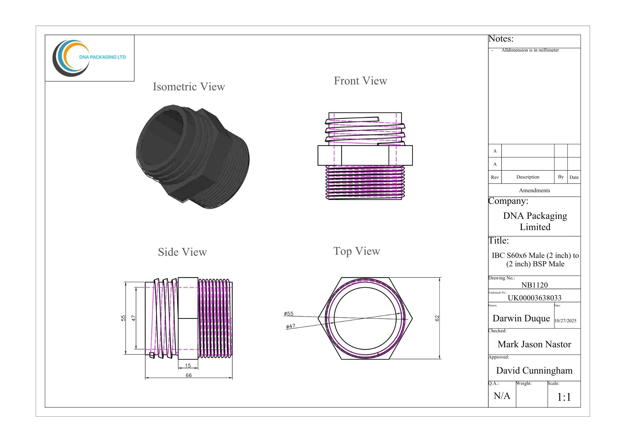 IBC S60x6 Male (2 inch) to (2 inch) BSP Male