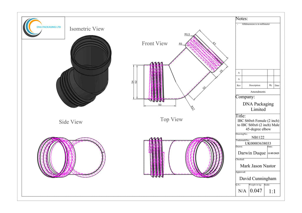 IBC S60x6 Female (2 inch) to IBC S60x6 (2 inch) Male 45-degree elbow
