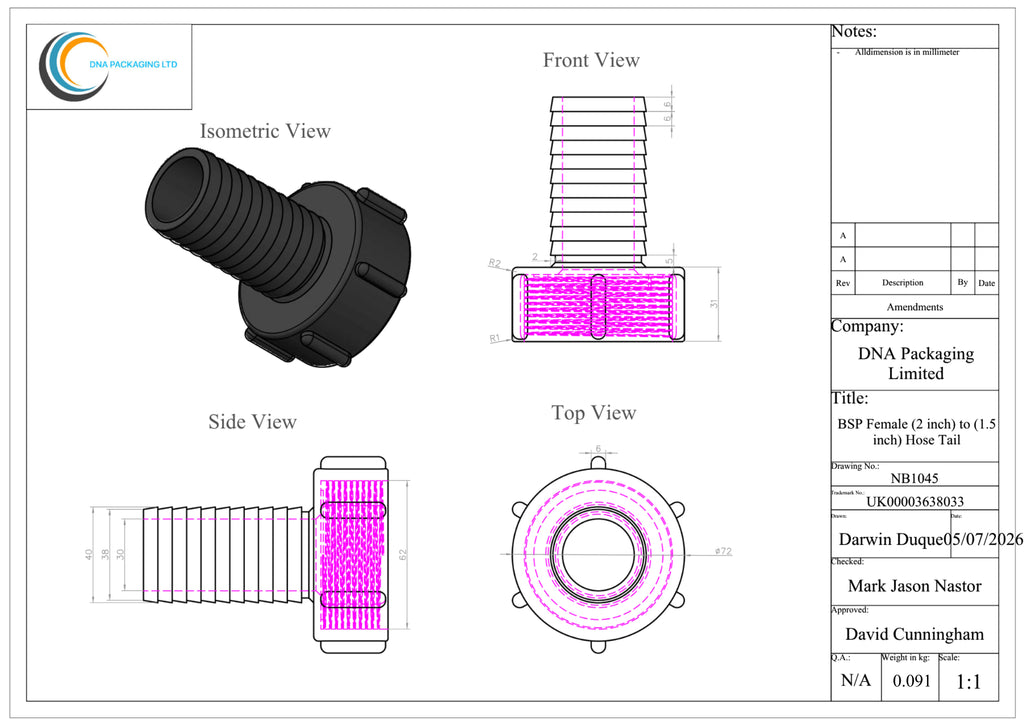 BSP Female (2 inch) to (1.5 inch) Hose Tail