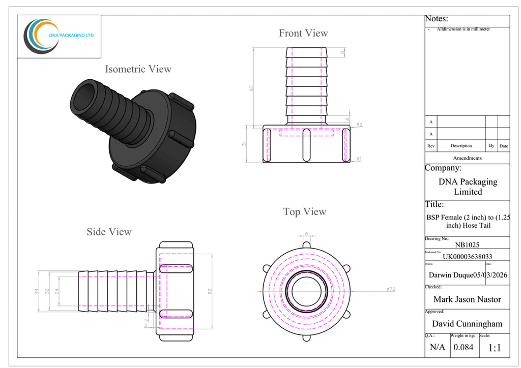 BSP Female (2 inch) to (1.25 inch) Hose Tail