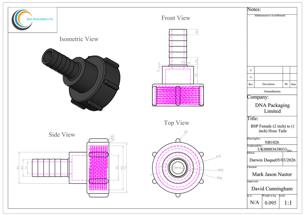 BSP Female (2 inch) to (1 inch) Hose Tail