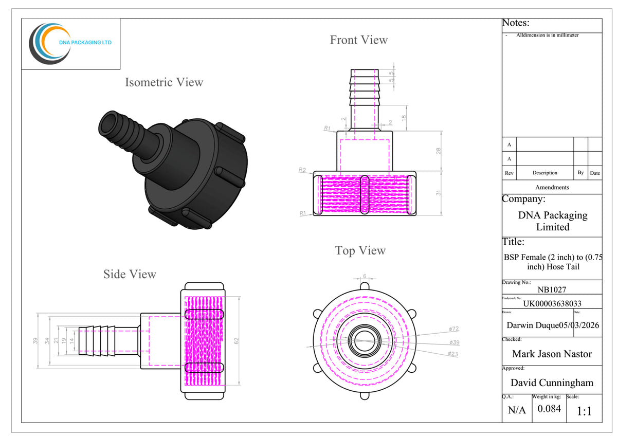BSP Female (2 inch) to (0.75 inch) Hose Tail