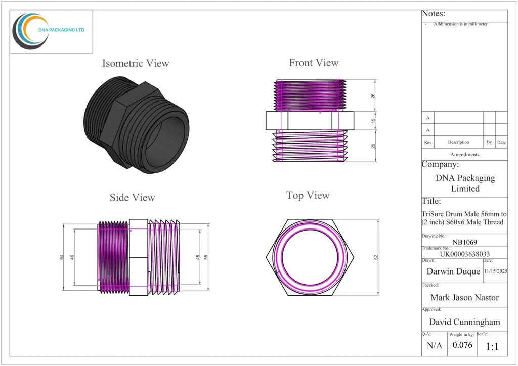 TriSure Drum Male 56mm to (2 inch) BSP Male Thread
