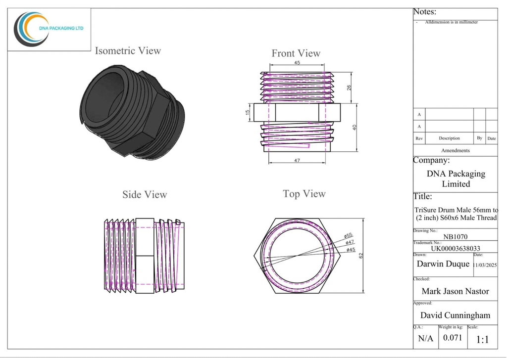 TriSure Drum Male 56mm to (2 inch) S60x6 Male Thread